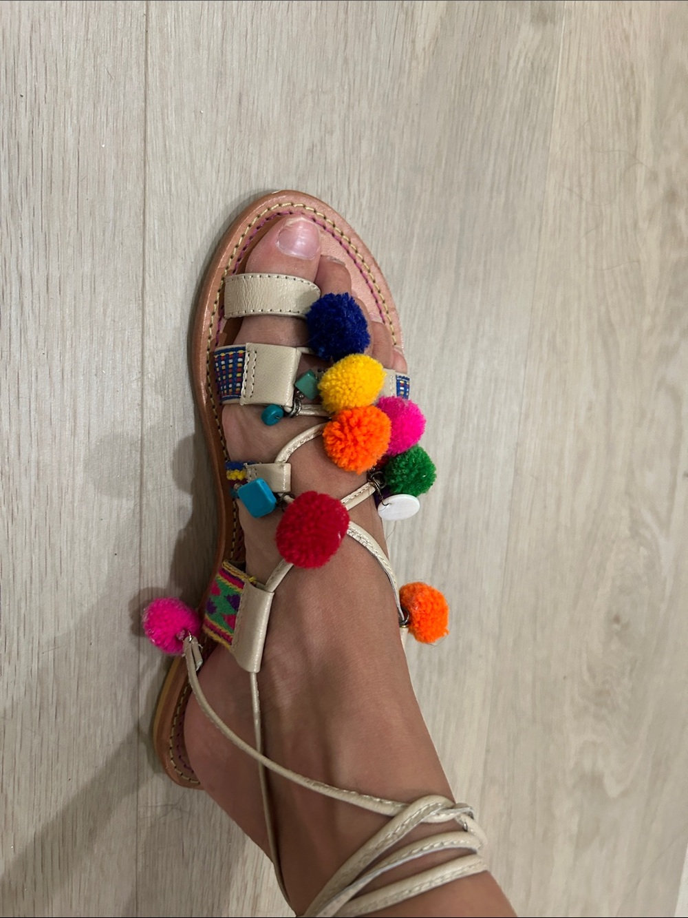 Steve Madden Beige Pom-Pom Embellished Gladiator Sandals - Picture 4 of 4